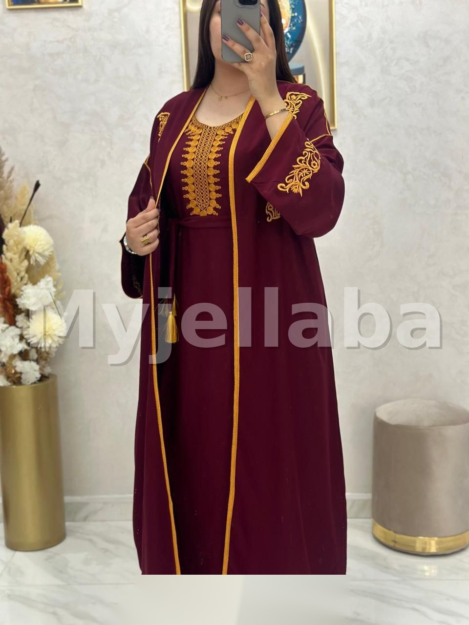 Jellaba Bordeaux et Or avec Veste