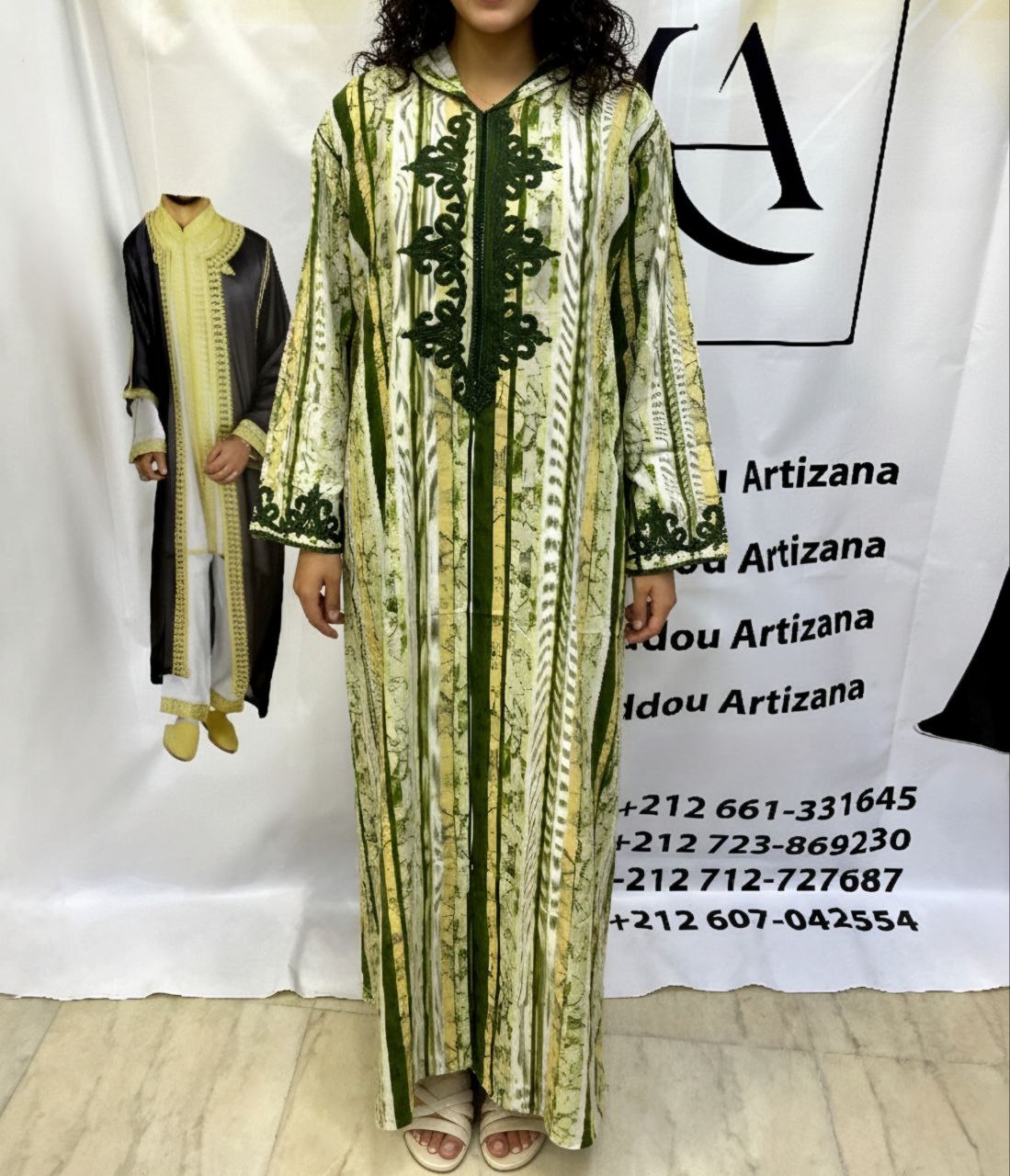 Jellaba Imprimée Verte et Jaune