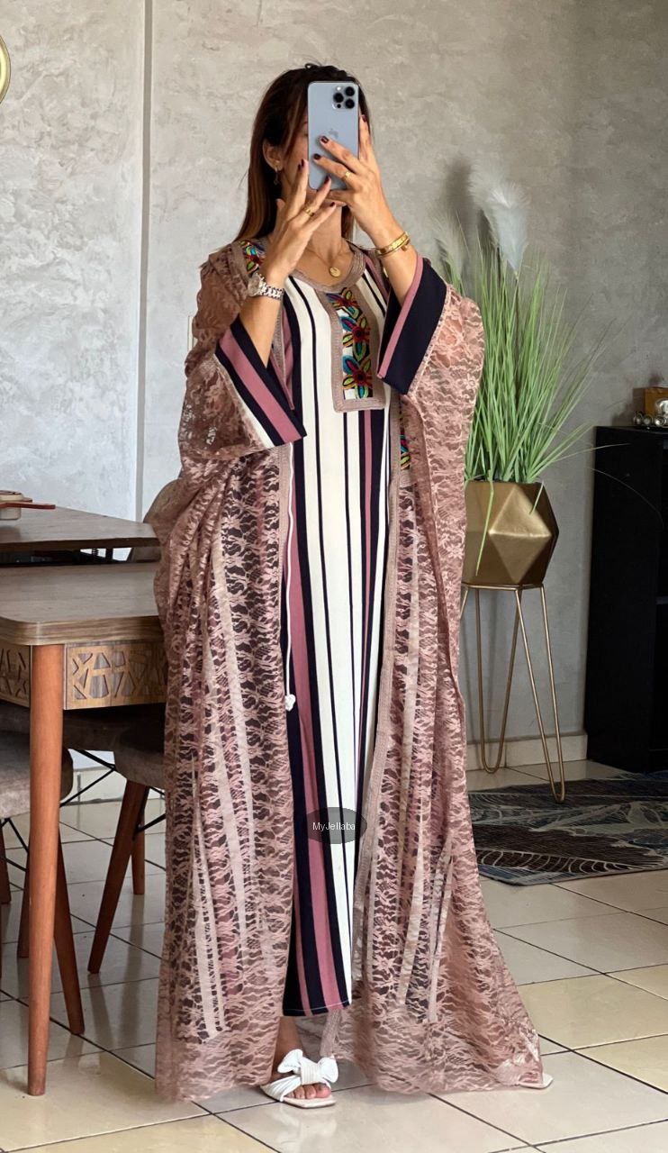 Jellaba Moderne en Dentelle Orange Brodée - 5