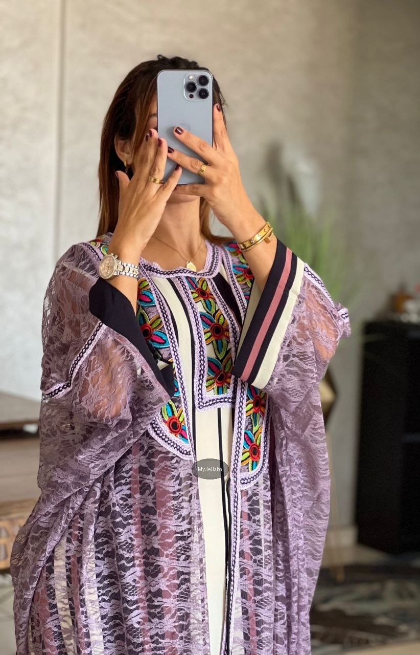 Jellaba Moderne en Dentelle Orange Brodée - 6