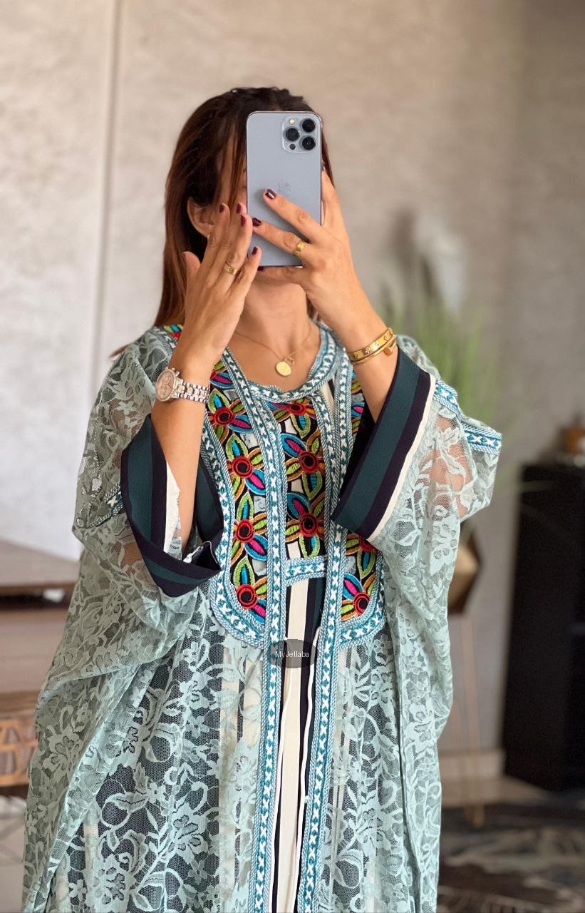 Jellaba Moderne en Dentelle Jaune - 3