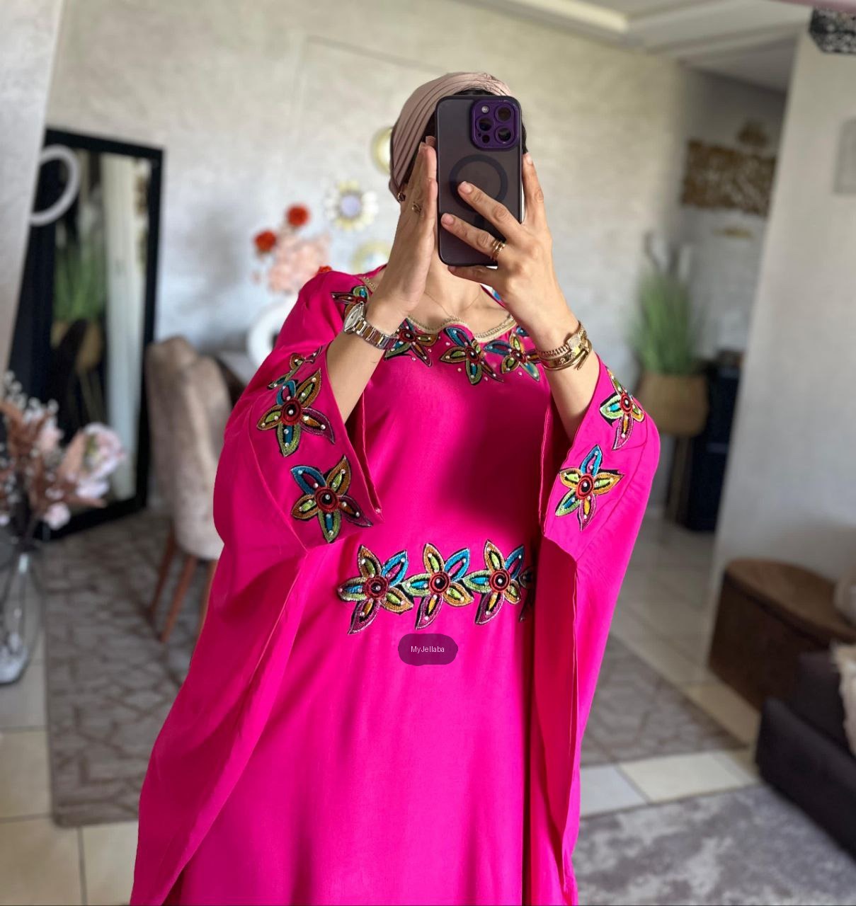 Jellaba Florale Brodée Bordeau - 3