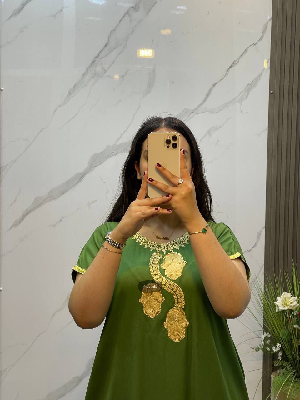 Jellaba Moderne Vert Olive Broderie Dorée - 9