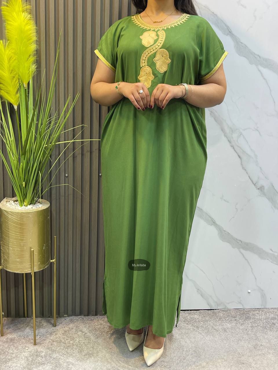 Jellaba Moderne Vert Olive Broderie Dorée - 4