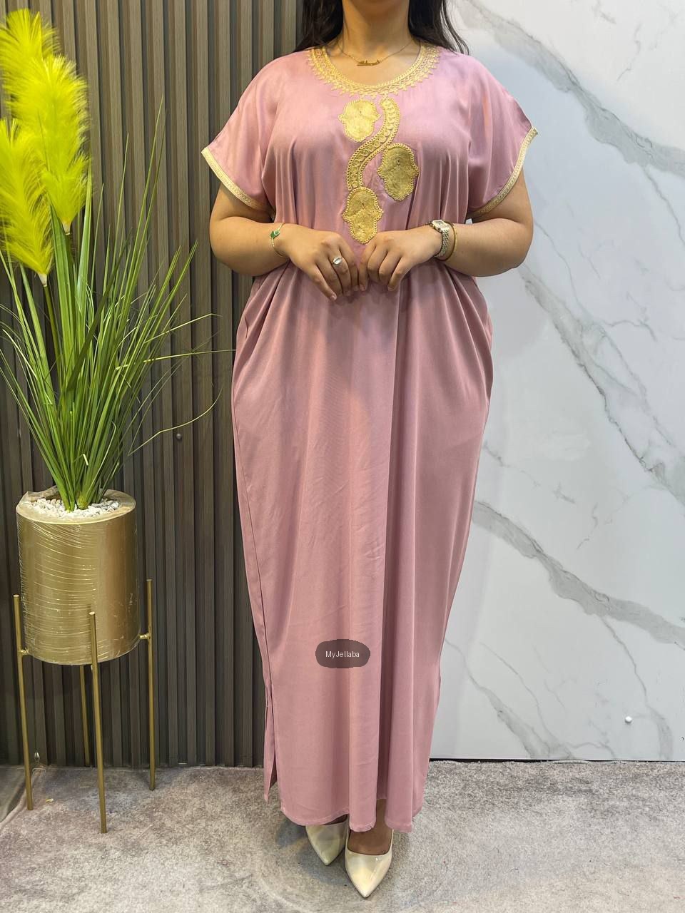 Jellaba Moderne en Satin Rose Poudré - 3