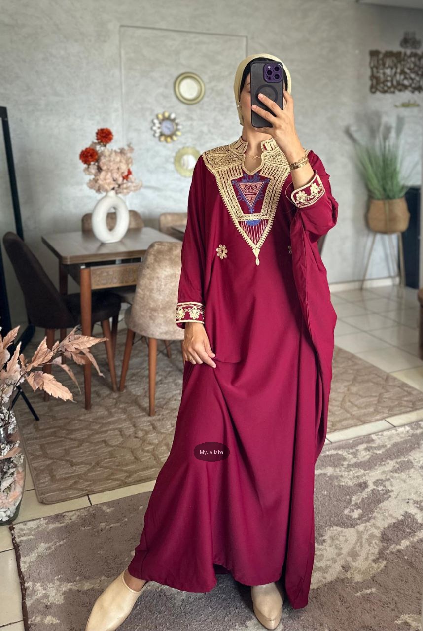 Jellaba Traditionnelle Bordeaux et Or - 3