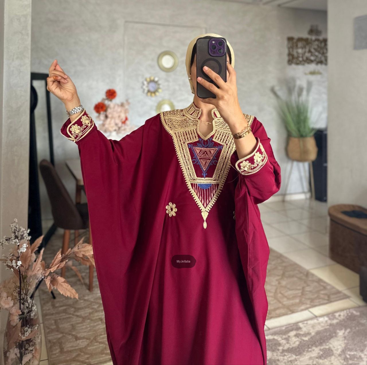 Jellaba Traditionnelle Bordeaux et Or