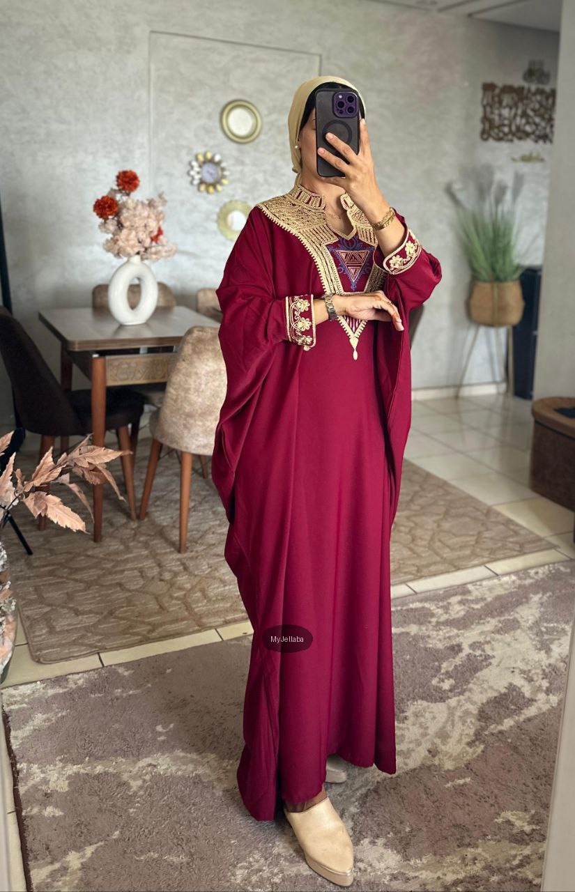 Jellaba Traditionnelle Bordeaux et Or - 4