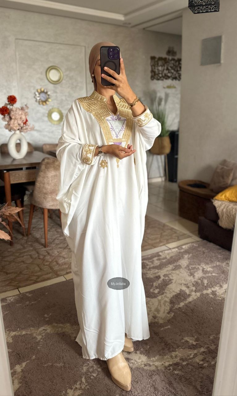 Jellaba Moderne Brodée Or et Lilas - 3