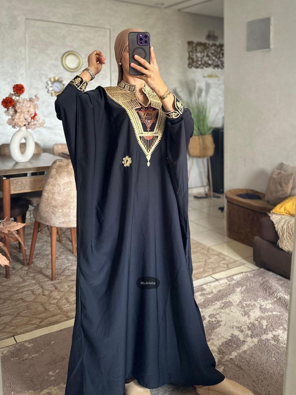 Jellaba Noire Brodée Or