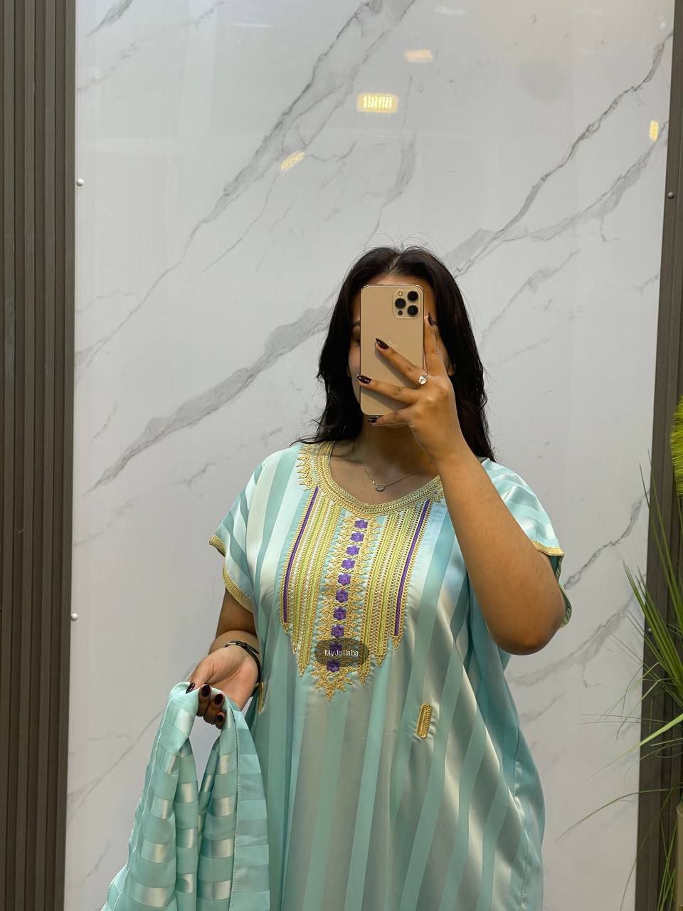 Jellaba Rayée Turquoise Brodée - 3