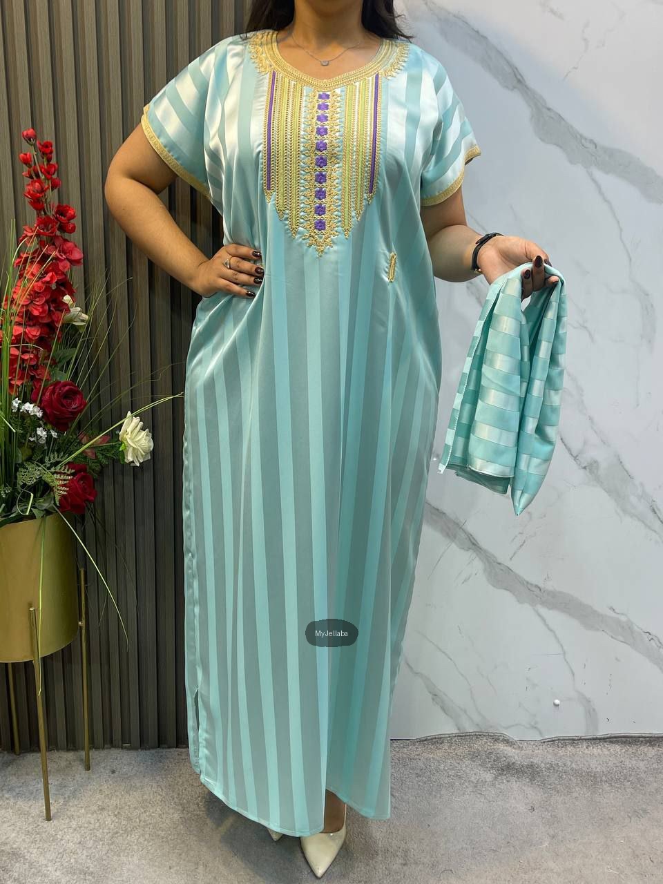 Jellaba Rayée Turquoise Brodée