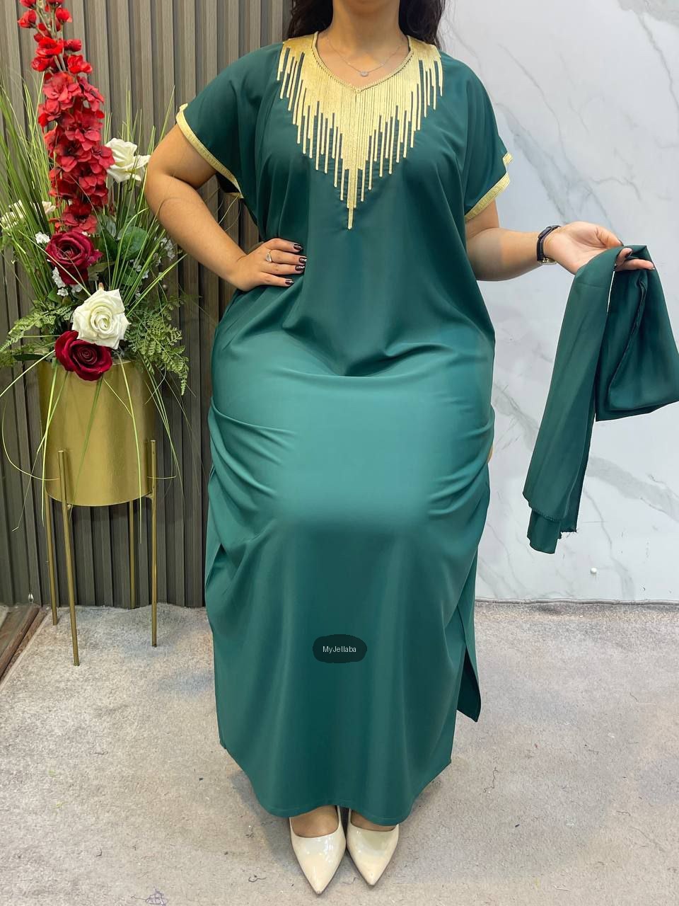 Boubou Elégant Vert Emeraude Brodée Or