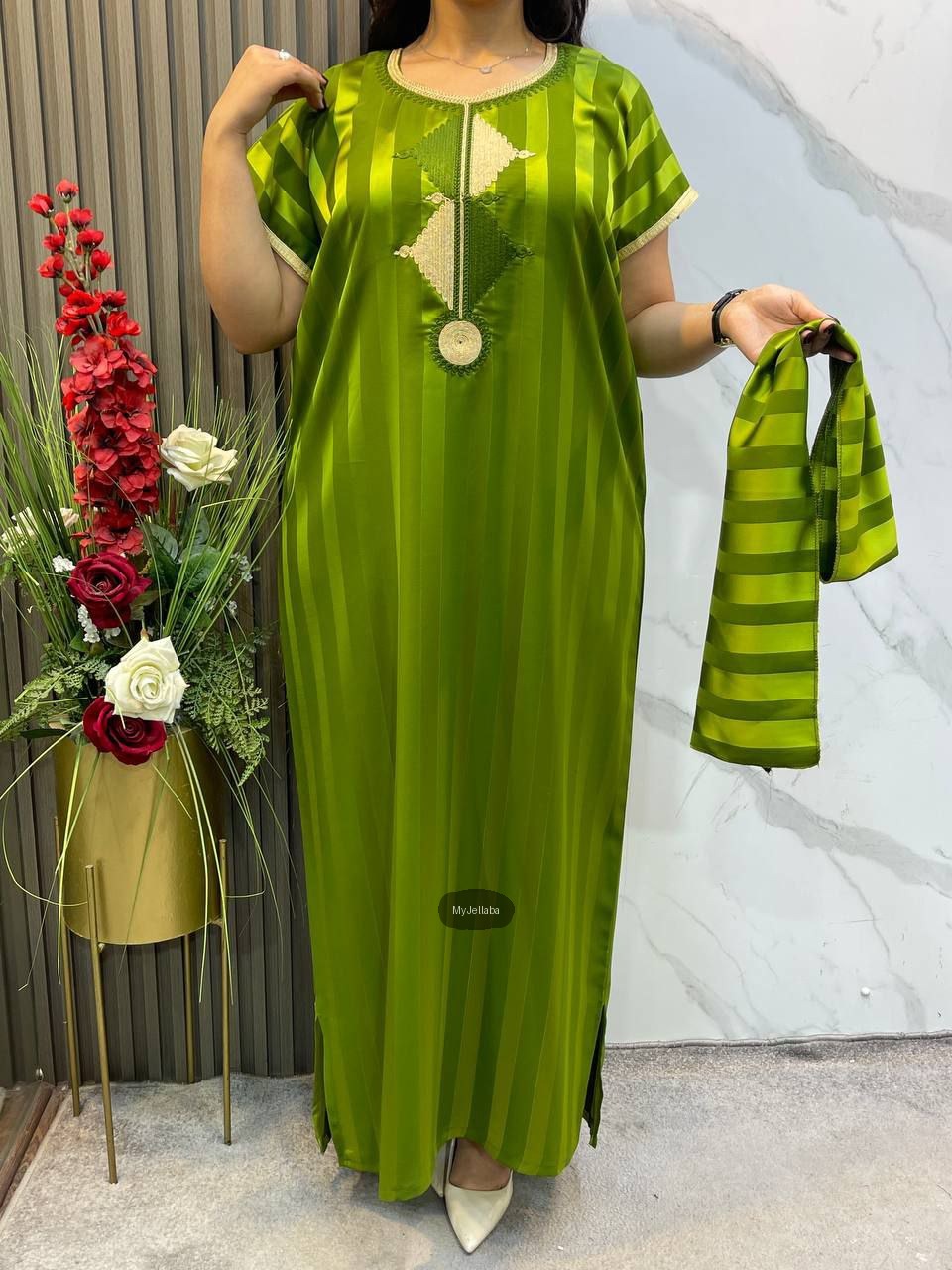 Jellaba Moderne Rayée Vert Olive