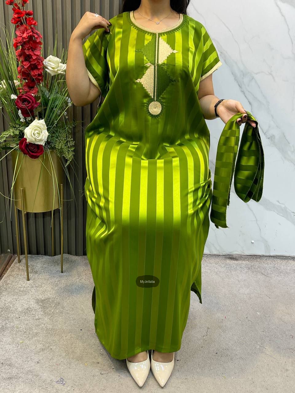 Jellaba Moderne Rayée Vert Olive