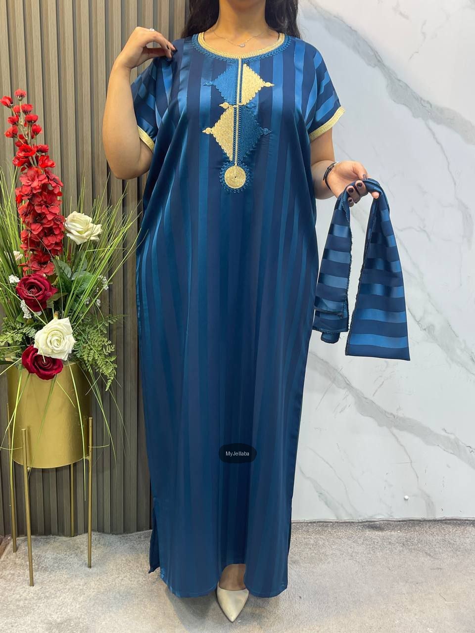 Jellaba Rayée Bleu Turquoise