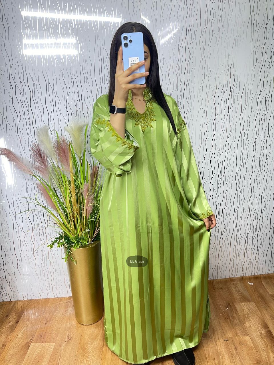 Jellaba Longue Rayée Vert Clair