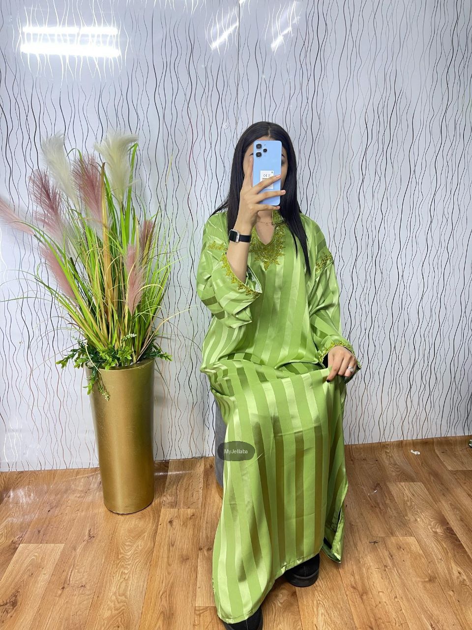 Jellaba Longue Rayée Vert Clair