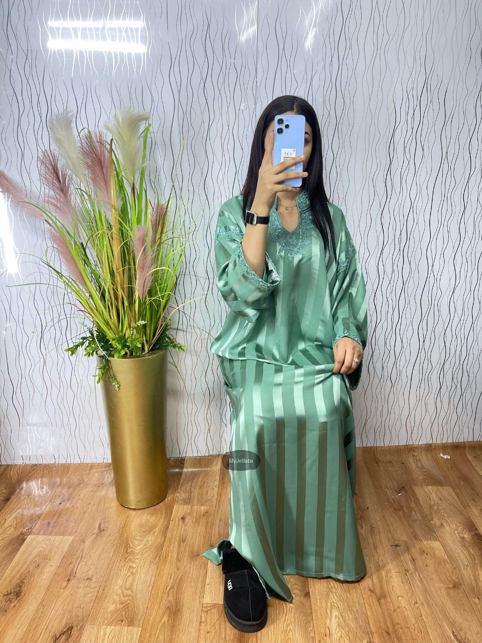 Jellaba Rayée Menthe Brodée