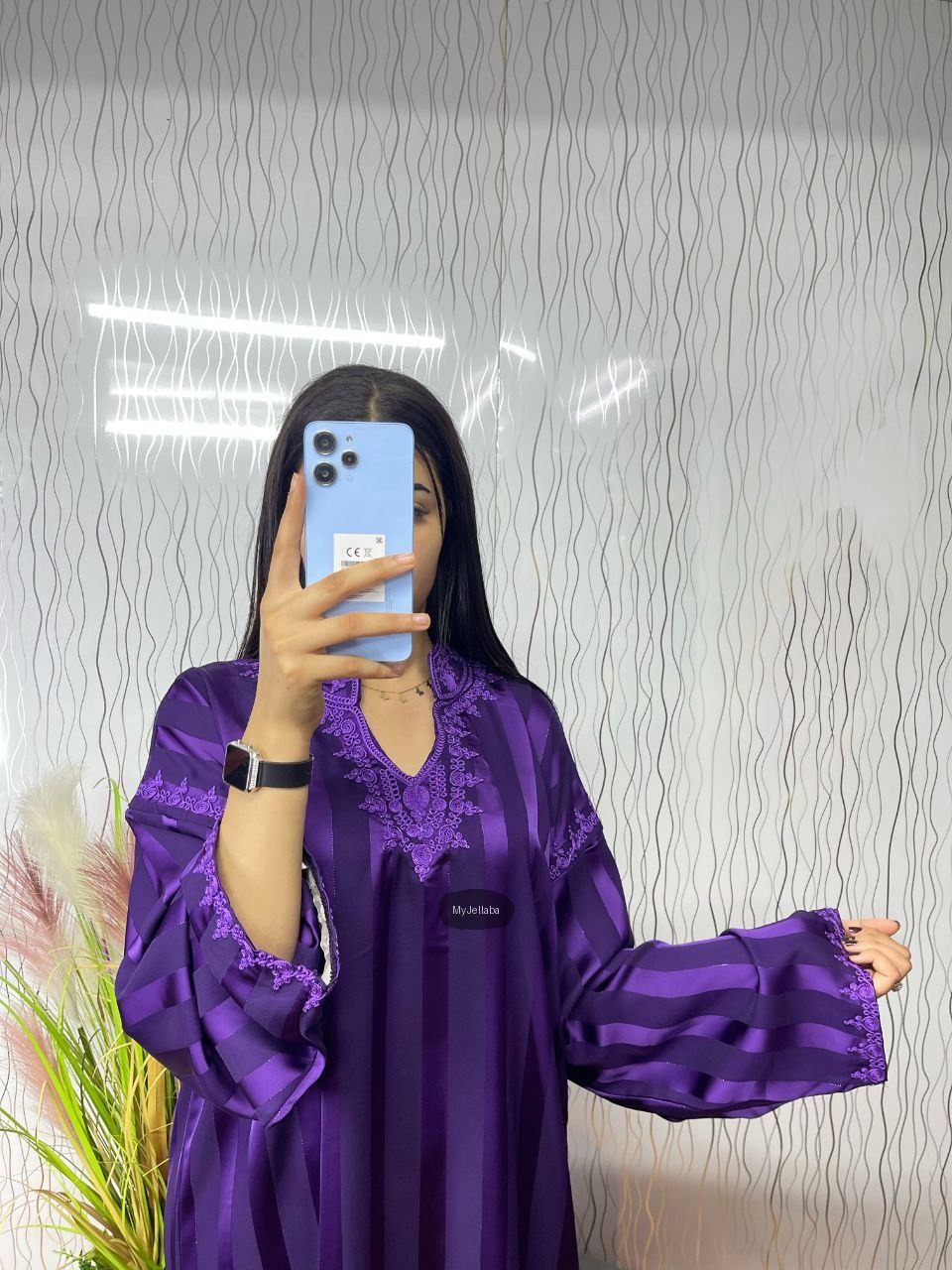 Jellaba Rayée Rose Poudré Brodée - 8