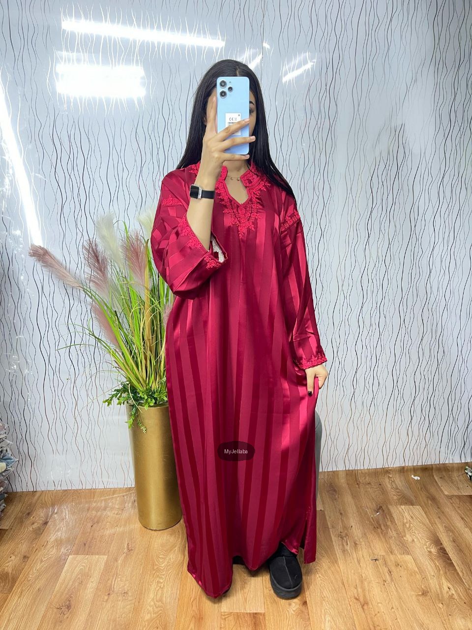 Jellaba Rayée Rose Poudré Brodée