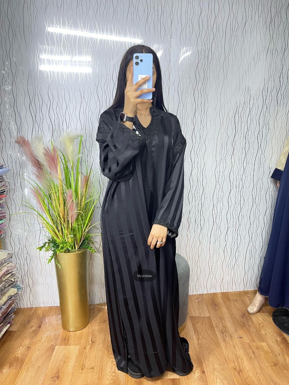 Jellaba Rayée Rose Poudré Brodée - 4