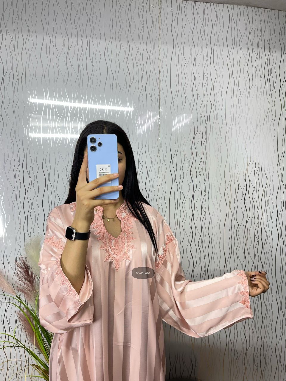 Jellaba Rayée Rose Poudré Brodée - 6
