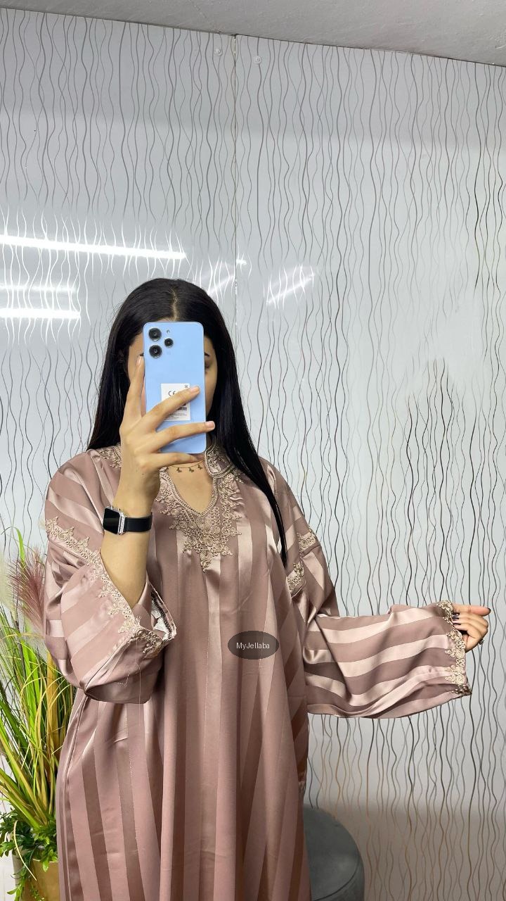 Jellaba Rayée Rose Poudré Brodée - 10