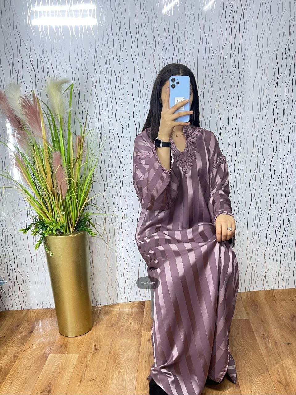 Jellaba Longue Rayée Violette Brodée - 5