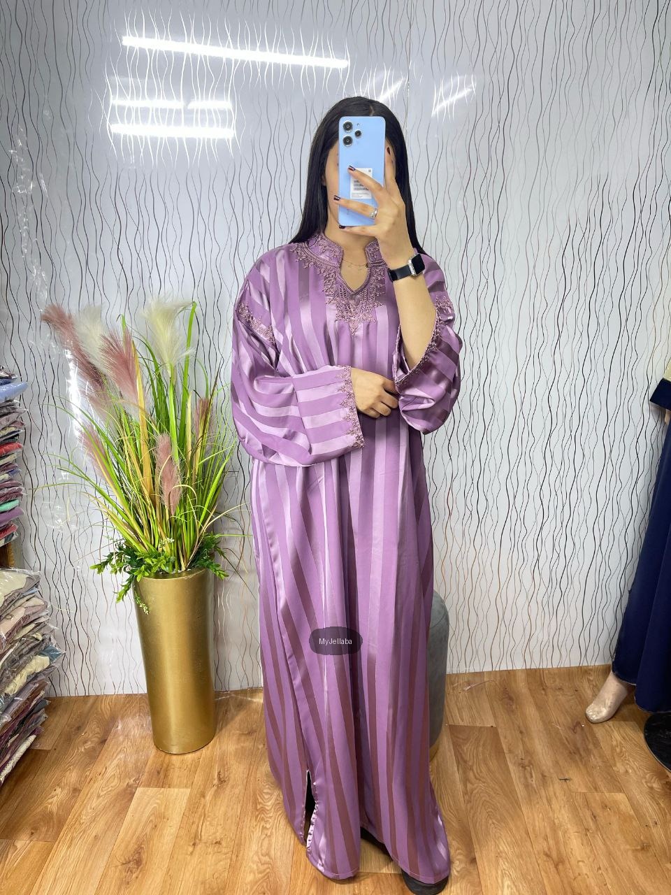 Jellaba Longue Rayée Violette Brodée - 4