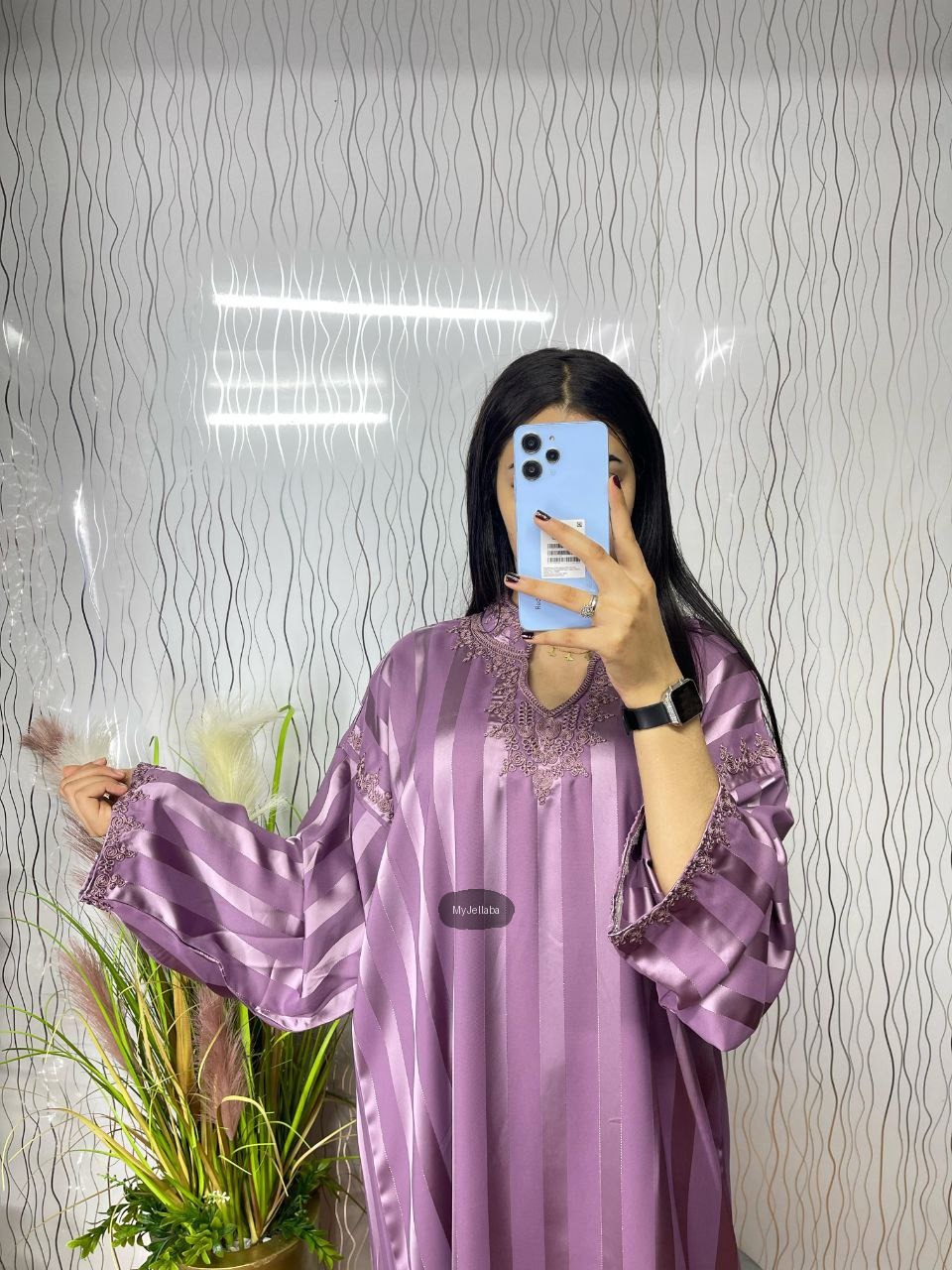 Jellaba Longue Rayée Violette Brodée - 6
