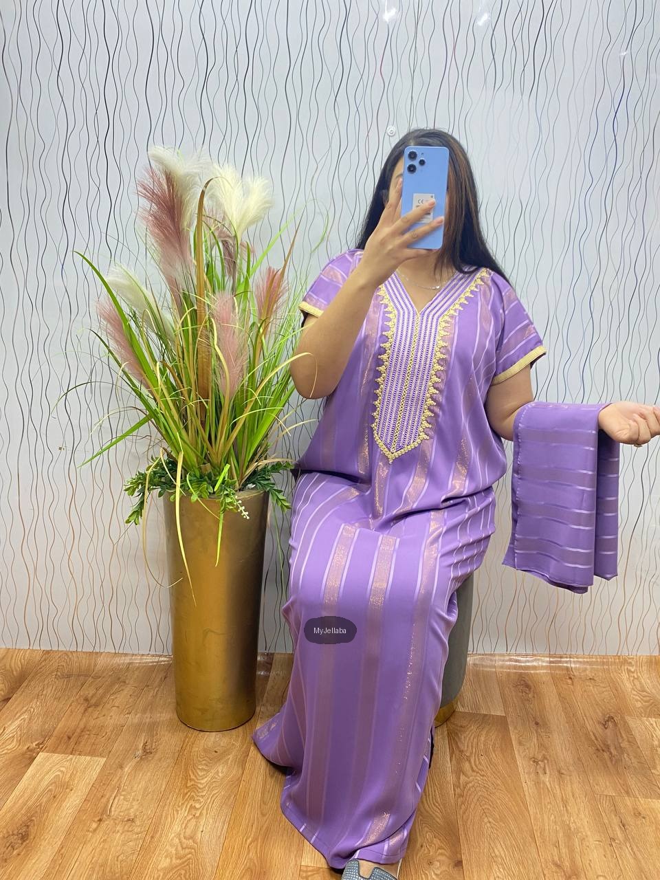 Jellaba Longue Rayée Lavande Brodée